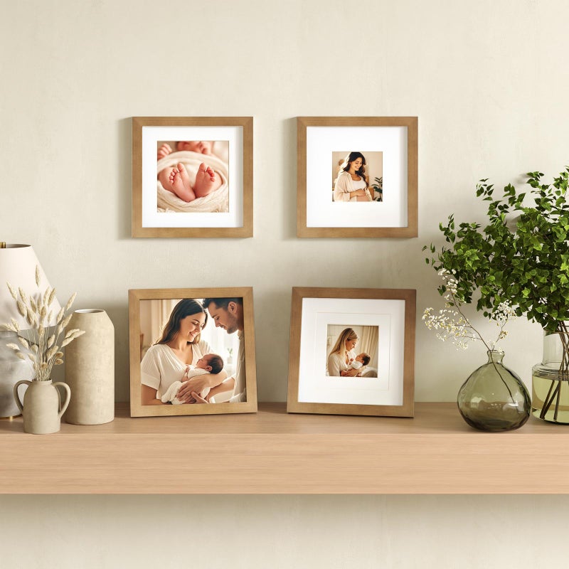 Egofine 8x8 Picture Frames 4 Pack Covered by Plexiglass, for Picture 4x4 with Mat or 8x8 whitout Mat Made of Solid Wood for Table Top Display and Wall Mounting Photo Frame, Light Brown - Image 5